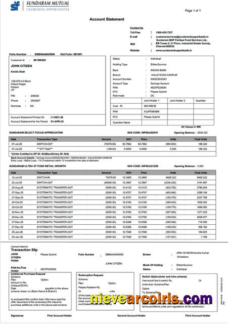 India Sundaram Mutual account statement Word and PDF